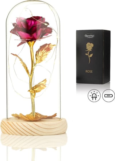 Luxe Roos in Glas met LED – Gouden Roos in Glazen Stolp – Moederdag - Cadeau voor vriendin moeder haar - Roze met Blaadjes - Lichte Voet - Qwality®