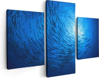 Artaza Canvas Schilderij Drieluik Zwerm Vissen in de Oceaan - 90x60 - Foto Op Canvas - Canvas Print