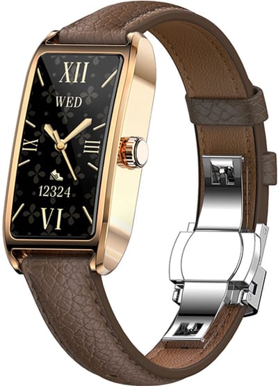 WizBay Premium Select® 1.13 Inch AMOLED Smartwatch Goud met Donker Bruin Leren Band – Hartslag, Bloeddruk SpO₂ Monitoring – Fitness Tracker – Elegant Vierkant Design – Android iOS
