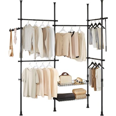 SoBuy Telescopisch Kledingrek – Verstelbare Open Garderobekast met Kledingstangen en Planken – Zwart, B(209–311) x H(200–295) cm, KLS04-II-SCH – voor Slaapkamer, Inloopkast