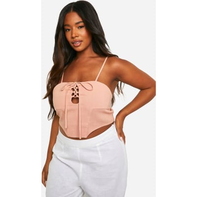 boohoo Dames Plus Linnen-Look Vetersysteem-Korset Top | Roest | Maat: 46