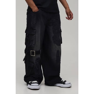 Extreme Gewassen Cargo Band Detail Baggy Jeans | Washed Charcoal | Size 30R