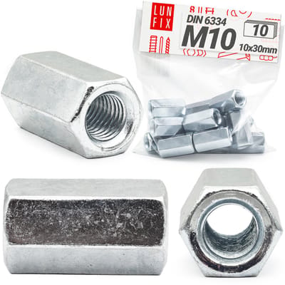 LUN FIX - Draadmoer M10 x 30mm - 10 stuks - DIN 6334 - Verzinkt staal - Afstandsmoer