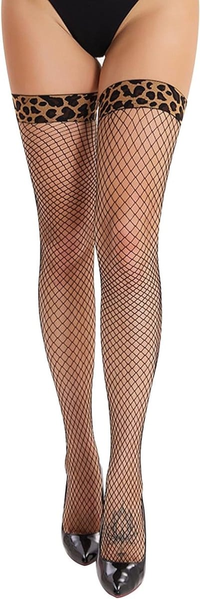 Zwarte Visnet Kousen met Niet-Slip Luipaardprint, Zijden Kousen voor Feest en Dagelijks Gebruik, One Size, Sexy en Comfortabel