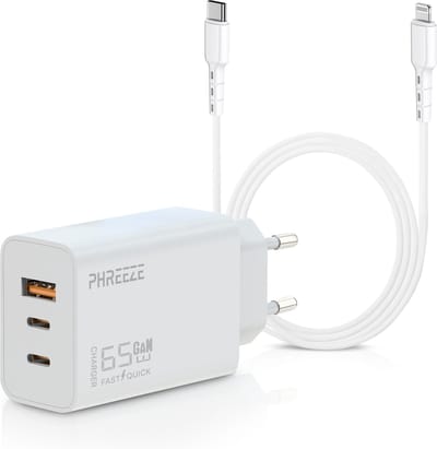 Usb adapter 3 poorten 65w + Lightning kabel 2m - Oplader / snellader geschikt voor iPhone / iPad / AirPods / MacBook - 65w oplader laptop usb C