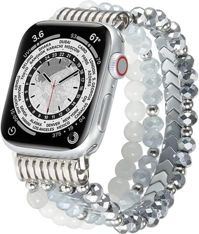 Stravo Boho Stijl Kralen Armbandje Geschikt voor Apple Watch 42mm (Series 11/10), 41mm (Series 9/8/7), 40mm (Series 6/5/4/SE 1/2/3), 38mm (Series 3/2/1) - Zilveren Pijl - Handgemaakt Elastisch Dames Horlogebandje - Elegante Kralen Bandje