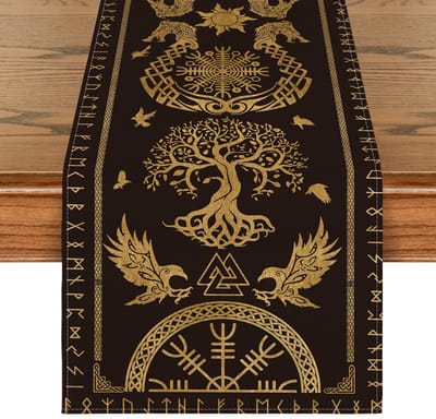Goudkleurige Viking Tafelloper - Met Levensboom, Raaf en Helm der Eerbied design - Voor tafeldecoratie binnen - 40x180 cm