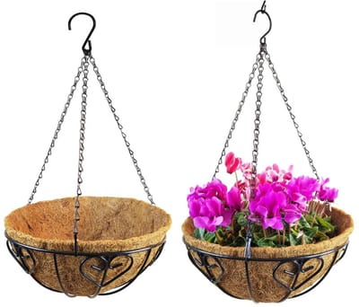 Dailygoods - NatureMan 2 stuks hangende plantenbakmand 10 inch buiten hangende bloempotten met kokosvoering ronde draad plantenhouder met ketting metalen hangende manden voor decoratie balkon tuin (cardioïde