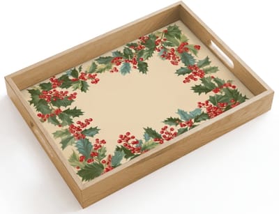 Dienblad hout 40x30 cm - Schootdienblad - Hulstrand - Bessen - Beige - Borrelplank rechthoek - Plateau dienbladen