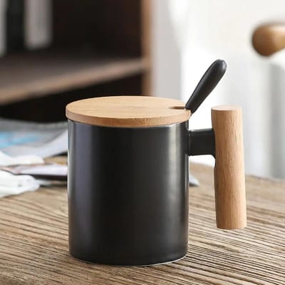 310ml Eenvoudige Stijl Keramische Waterbeker met Houten Handvat Koffiemok met Deksel RVS Lepel Theekop Moderne Koppels Bekers 310ml gray