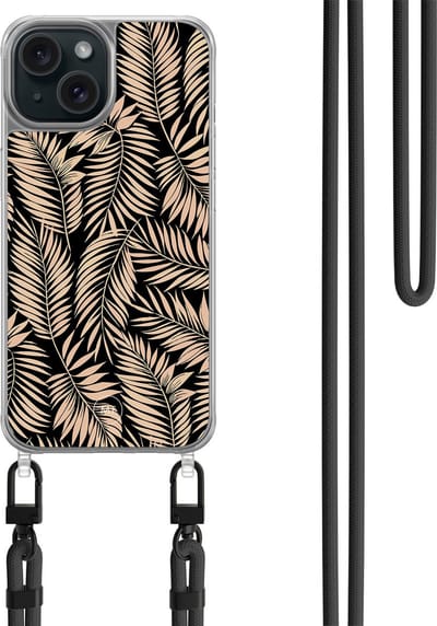 Hoesje met koord geschikt voor iPhone 15 - Palm silhouette - Inclusief zwart koord - Crossbody beschermhoes - Transparant, Zwart, Beige - Mooie Telefoonhoesjes