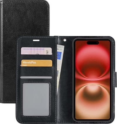 Hoesje - Met Pasjeshouder - Geschikt voor Apple iPhone 16 Plus - Luxe Bookcase Portemonee - Flip Case - Kunstleer Book Case - Flipcase - Book Cover - Walletcase - Portemonneehoes - Zwart