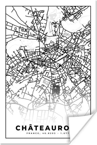 Poster Frankrijk – Châteauroux - Plattegrond – Stadskaart – Kaart - Zwart wit - 120x180 cm XXL