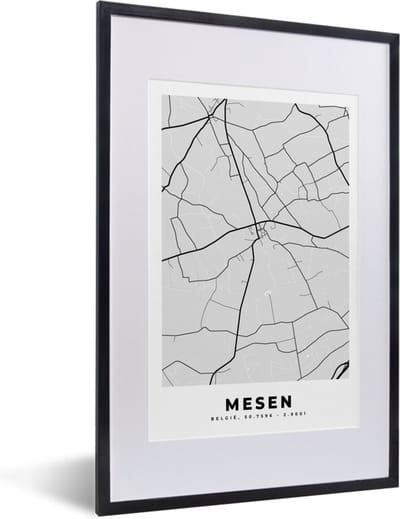 Fotolijst incl. Poster Zwart Wit- België – Mesen – Stadskaart – Kaart – Zwart Wit – Plattegrond - 40x60 cm - Posterlijst