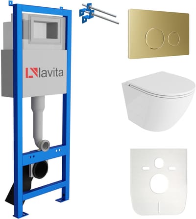 LAVITA® Inbouwreservoir Complete Toiletset LAV 101 - Inbouw WC Hangtoilet Wandcloset SOFI ONE Wit Hoogglans - Bedieningsplaat 200.4.5 Gouden - Voorwandelement voor toilet 40cm - Installatiesysteem