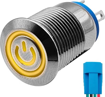 ProRide Metalen Pulsschakelaar 12V OFF-(ON) - 12mm - Momentschakelaar met Aansluitkabel - Spatwaterdicht - 12V/24V - LED Indicatie Geel