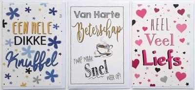 3 Wenskaarten - Van harte Beterschap + Veel liefs + Knuffel - 12 x 17 cm – BET-302