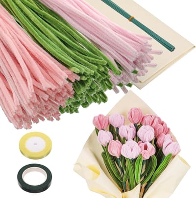 Creatieve Set van 320 Pijpenragers, Flexibele Chenille Draad van 30 cm, Ideaal voor Knutselen en Bloemschikken in Roze en Groen