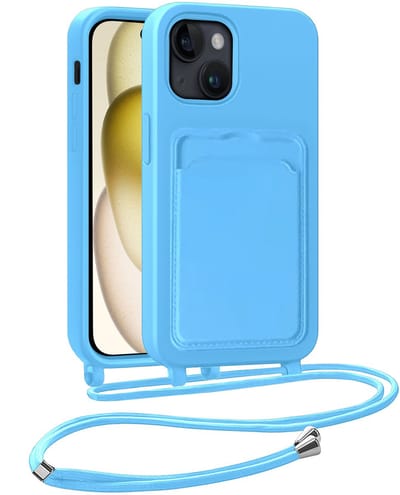 Hoesje Geschikt voor iPhone 15 Plus Telefoonhoesje Met Koord Case Pashouder Siliconen - Hoes Geschikt voor iPhone 15 Plus Hoesje Met Kaarthouder - Lichtblauw