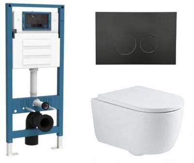 QeramiQ Dely Swirl Toiletset - inbouwreservoir Qeramiq Flush - 35mm zitting - metaal mat zwarte bedieningsplaat - ronde knoppen - glans wit