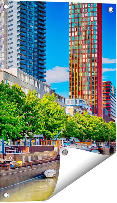 Gards Tuinposter Rotterdamse Gracht met Boten - 40x60 cm - Tuindoek - Tuindecoratie - Wanddecoratie buiten - Tuinschilderij