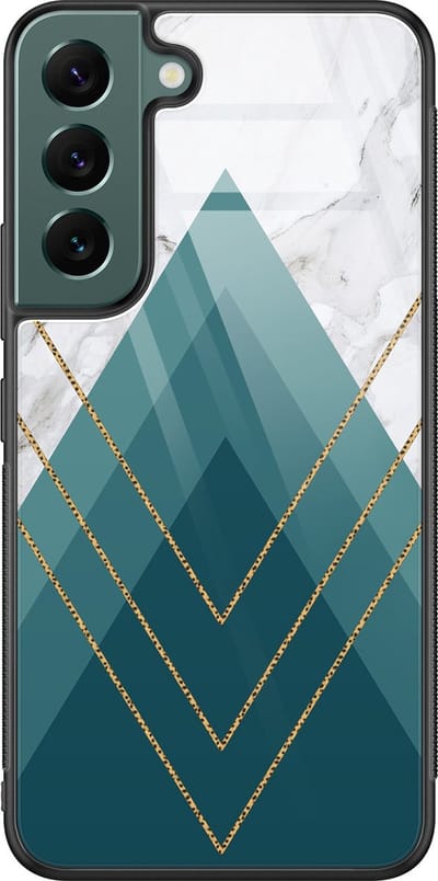 Hoesje geschikt voor Samsung Galaxy S22 - Geometrisch blauw - Luxe Glazen Hardcase - Bloemen - Multi