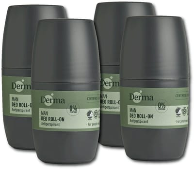 Derma Eco Man - Deodorant Roll-on - Anti-transpirant deodorant - Langwerkende bescherming - Parfumvrije - voor Gevoelige huid - 4 x 50 ML