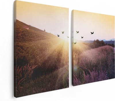Artaza Canvas Schilderij Tweeluik Silhouet Zwerm Vogels Bij Zonsondergang - 120x80 - Foto Op Canvas - Canvas Print