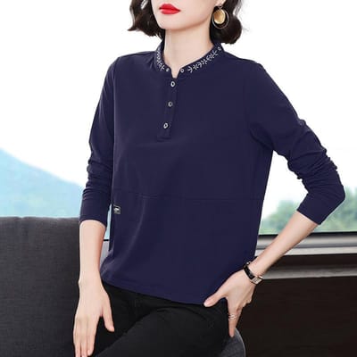 Nieuw T-shirt met lange mouwen voor dames met veelzijdige kraag geborduurd temperament van middelbare leeftijd moeder modieuze top basis shirt 5XL