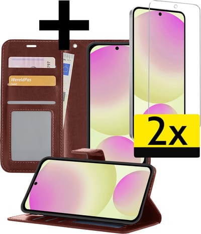 Hoesje - Met 2x Screenprotector - Geschikt voor Samsung Galaxy S24 FE - Luxe Pasjeshouder - Bookcase Portemonee - Flip Case - Kunstleer Book Case - Flipcase Hoes - Book Cover - Walletcase - Portemonneehoes - Telefoonhoesjes - Bruin
