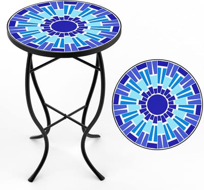 Mozaïek Bijzettafel - Tuin Tafel Rond - Buiten Ontspannen - Weerbestendige Tegels - 35.6 cm Diameter - Blauw