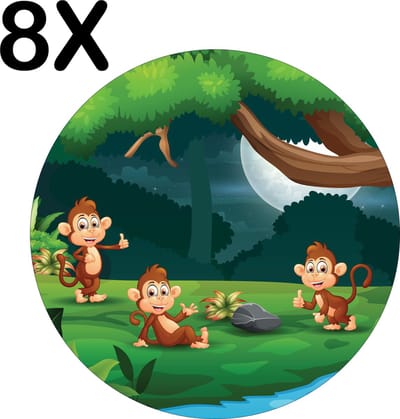 Luxe Ronde Placemat - Vrolijke Aapjes bij een Rivier - Getekend - Set van 8 Placemats - 50x50 cm - 2 mm dik Vinyl - Anti Slip - Afneembaar