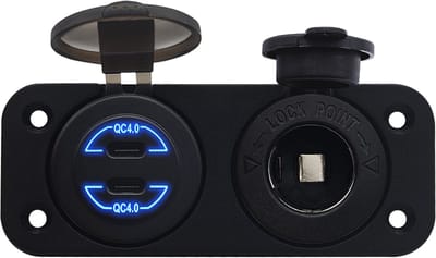 ProRide 12V USB C Autolader 2 Poorten Inbouw - 30W/QC4.0 - met 12/24V Sigaretten stopcontact - Blauw