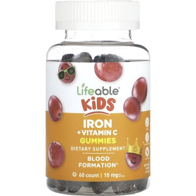 Levendige, ijzer- en vitamine C-gummies voor kinderen, natuurlijke druivensmaak, 10 mg, 60 gummies (5 mg per gummy)