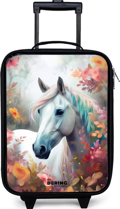 NoBoringSuitcases.com® - Kinderkoffer jongen - Kindertrolley meisje - Wit paard omringd door bloemen - Koffer kind lichtgewicht - Reiskoffer trolley voor kinderen - Koffertje met lichtgevende wieltjes - Rolkoffer zwart