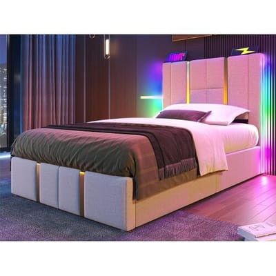 ModernLuxe Opbergbed 90x200 cm gestoffeerd in linnen stof - met LED-verlichting en oplaadfunctie - met lattenbodem - Beige