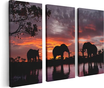 Artaza Canvas Schilderij Drieluik Olifanten Tijdens Zonsondergang - Silhouet - 120x80 cm - Wanddecoratie Woonkamer - Schilderijen - Muurdecoratie