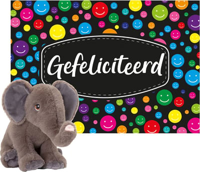 Keel toys - Cadeaukaart A5 Gefeliciteerd met superzacht knuffeldier olifant 25 cm