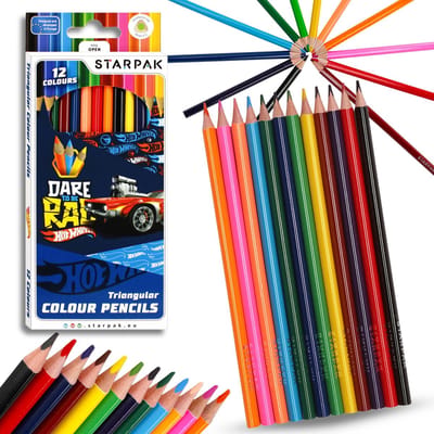 Hot Wheels Potloden voor school, houten driehoekige potloden 12 KLEUREN STARPAK