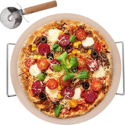 Pizzasteen Chamotte met Houder en Pizzasnijder 3 delig - Pizzaplaat - Bakvormen - Pizza Bakplaat