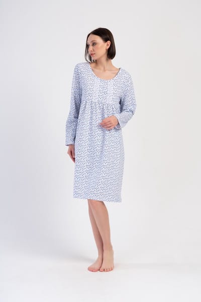 Vienetta - Dames Nachthemd, Lange Mouwen, Blauw - M