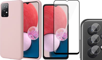 Hoesje geschikt voor Samsung Galaxy A13 4G - Matte Back Cover Microvezel Siliconen Case Hoes Roze - Full Tempered Glass Screenprotector - Camera Lens Protector