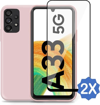 Geschikt voor Samsung A33 5G Hoesje + 2x Screenprotector – Full Cover Gehard Glas – Suède Back Cover Case Rose