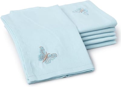 Famanu – Set van 6 tafelservetten van katoen, 43 x 43 cm, geborduurd design met ijsblauwe vlinders, perfect voor elke gelegenheid