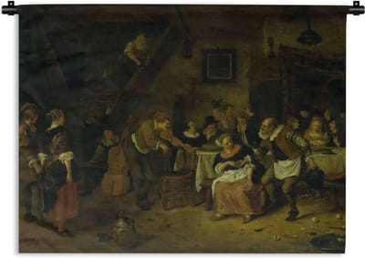 Wandkleed Jan Steen - De Boerenbruiloft - Schilderij van Jan Steen Wandkleed katoen 90x67 cm - Wandtapijt met foto