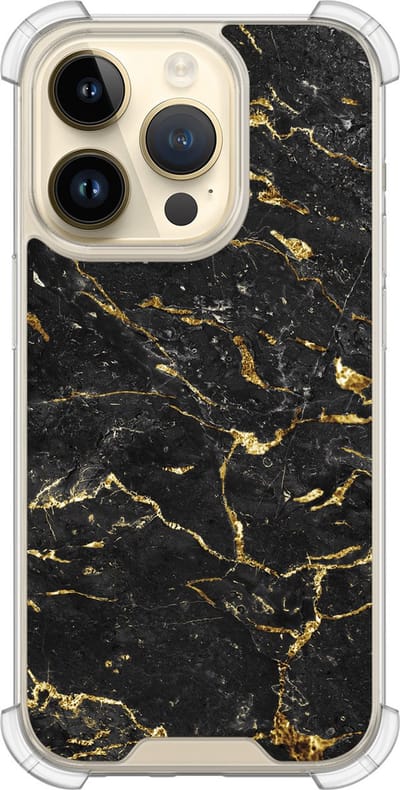 Shockproof hoesje - Geschikt voor iPhone 14 Pro - Marmer zwart goud - Extra sterke case - TPU/polycarbonaat - Marmer - Goud, Transparant