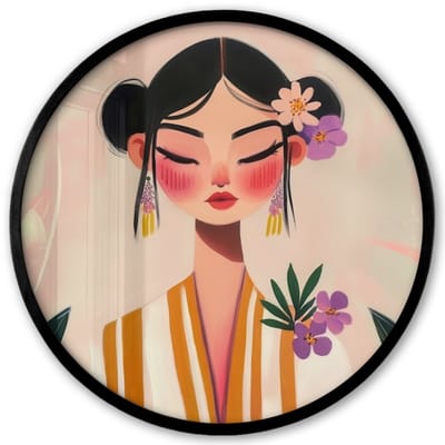Poster in lijst Rond - Fotolijst 40x40 cm - Posters - Vrouw - Bloemen - Pastel - Ronde posterlijst zwart - Decoratie - Wanddecoratie woonkamer - Muurdecoratie slaapkamer