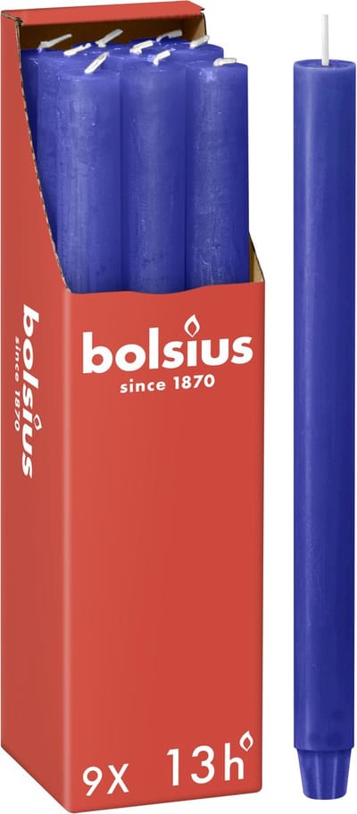 Bolsius - Rustieke Dinerkaarsen - Blauw - 9 stuks - 13 branduren - 27cm