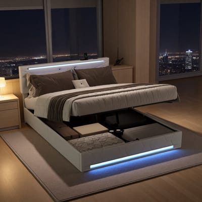 Opbergbed 140x200 cm beige linnen met gaslift, LED-verlichting aan hoofd- en voeteneinde, USB-oplaadpunt en ruime opbergruimte, gestoffeerd tweepersoonsbed