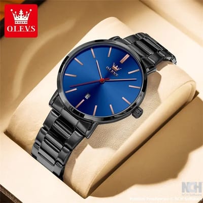 HO-0701.zw-bl : Olevs simpel zwart edelstalen heren quartz horloge, blauwe wijzerplaat, kalenderdag